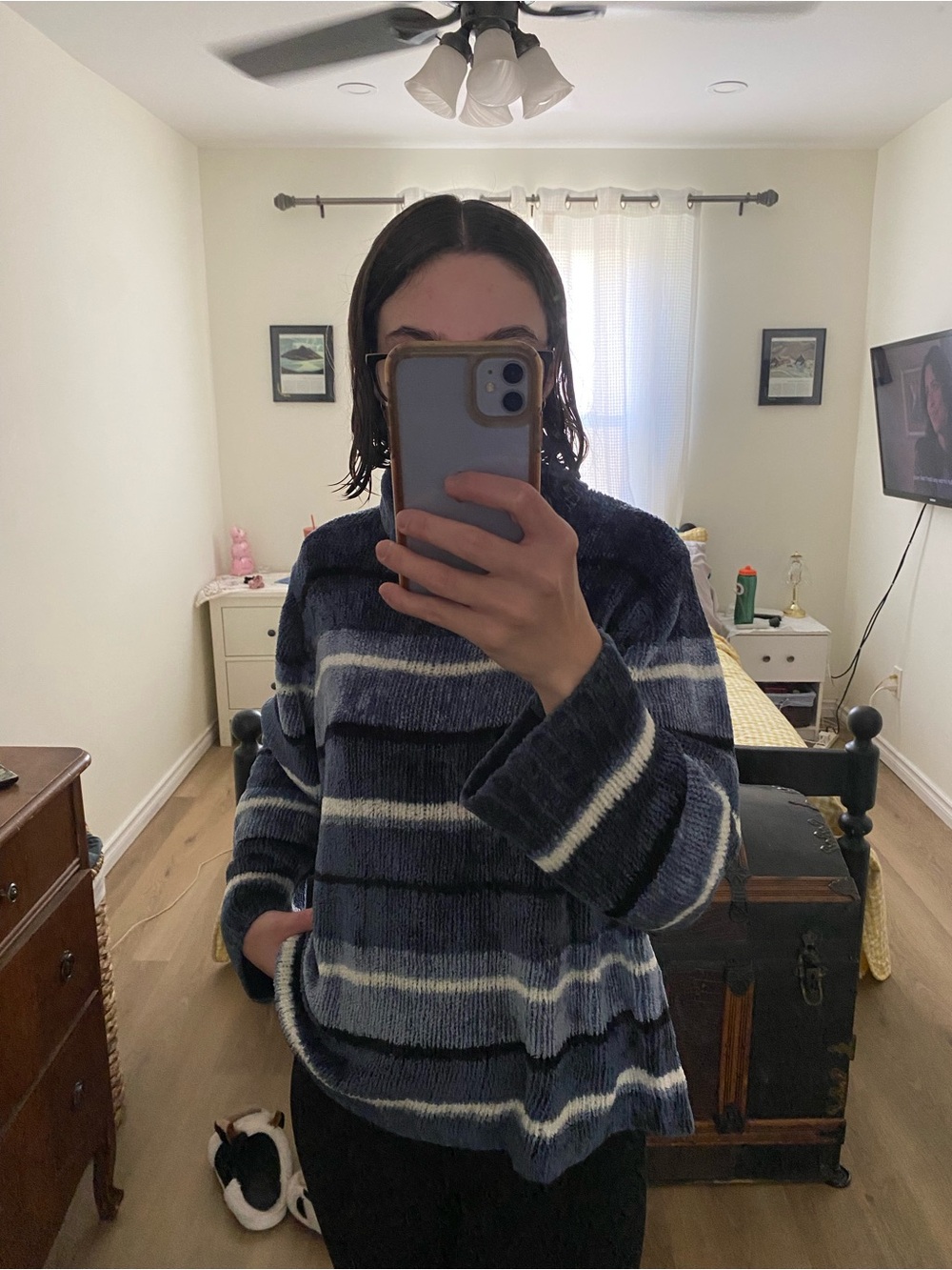 Blue Striped Cowl Neck Sweater
